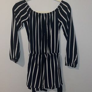 Vertical stripped romper off the shoulder